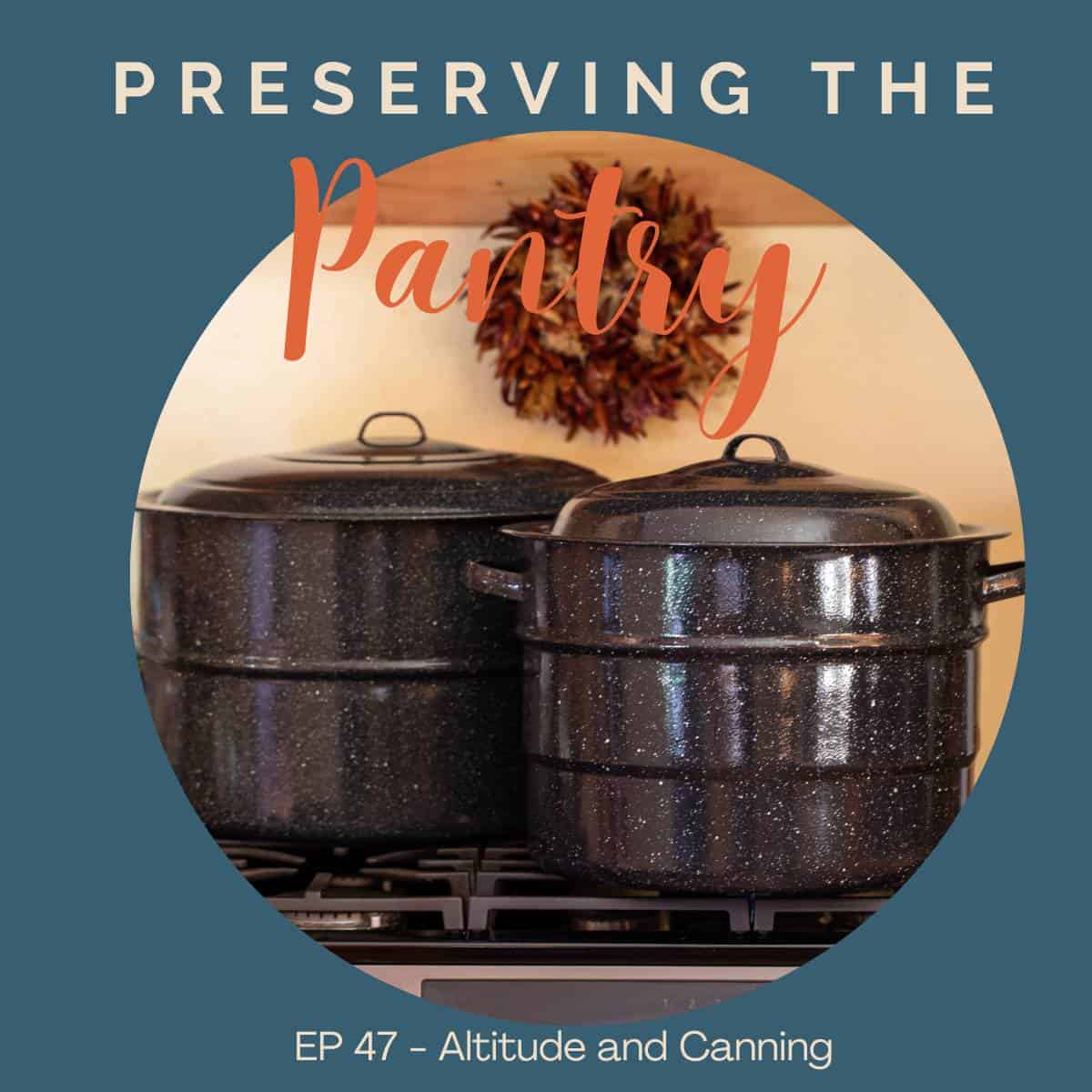 Two black and white canning pots on a stove.