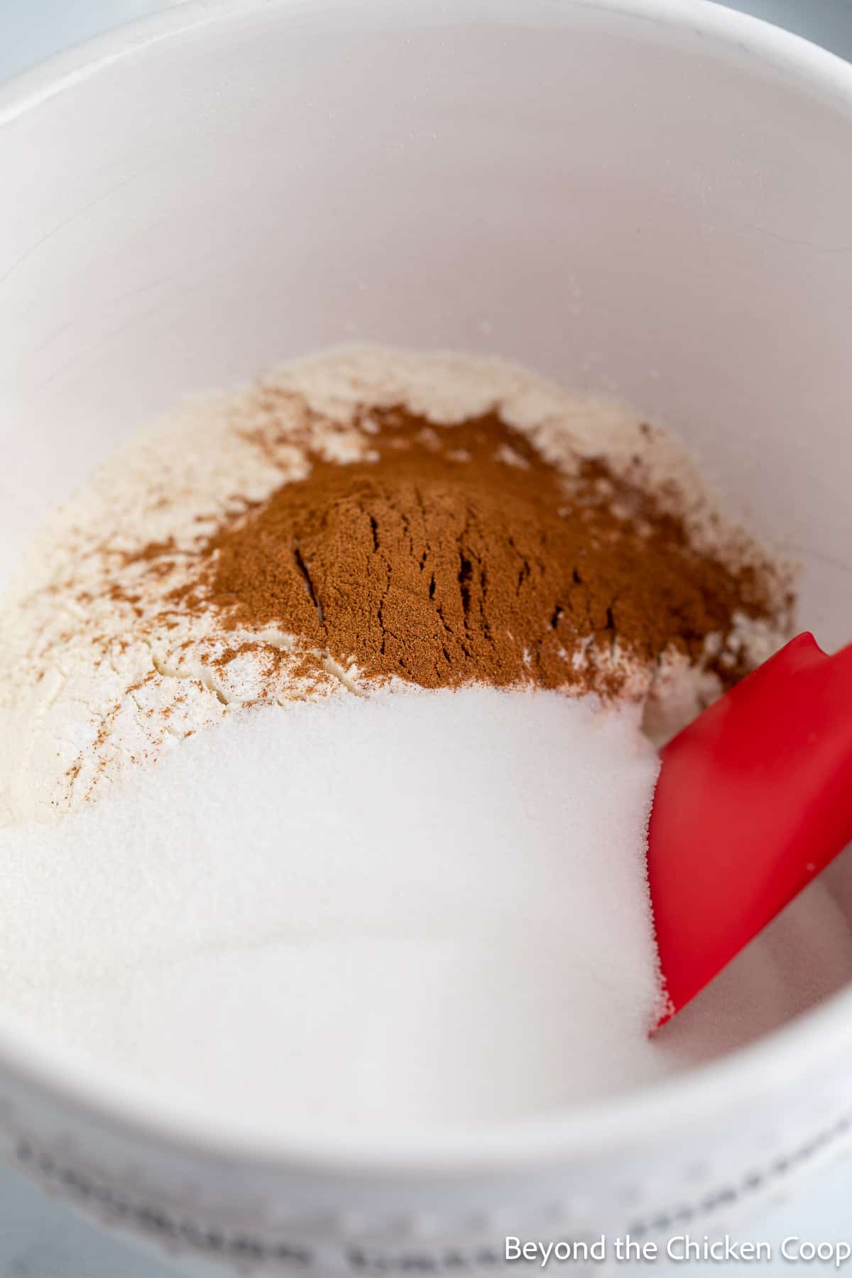 Flour, sugar and spices in a mixing bowl. 