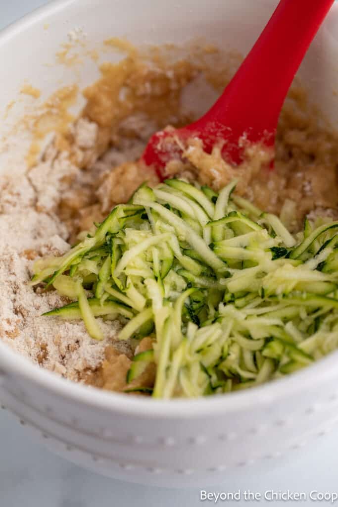 Grated zucchini added to bread batter. 
