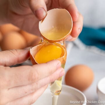 Separating the egg white from egg yolk.