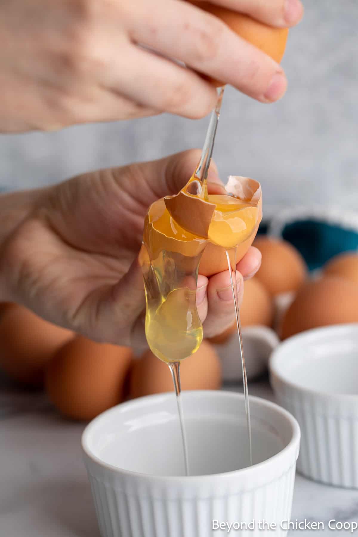 Separating egg whites and yolks using the shell.