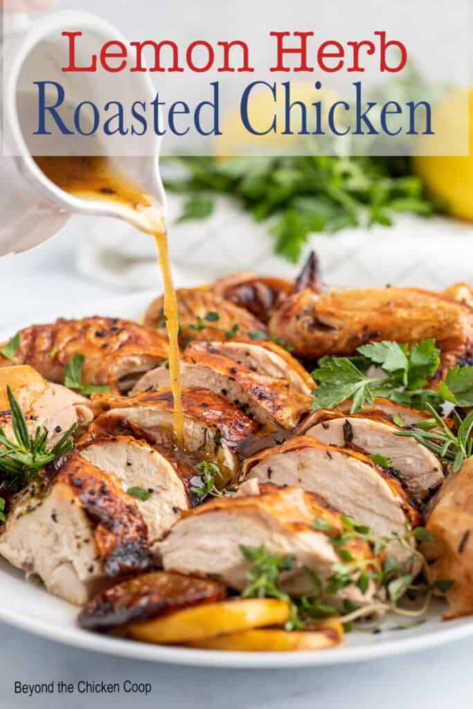 Sliced roasted chicken on a plate.