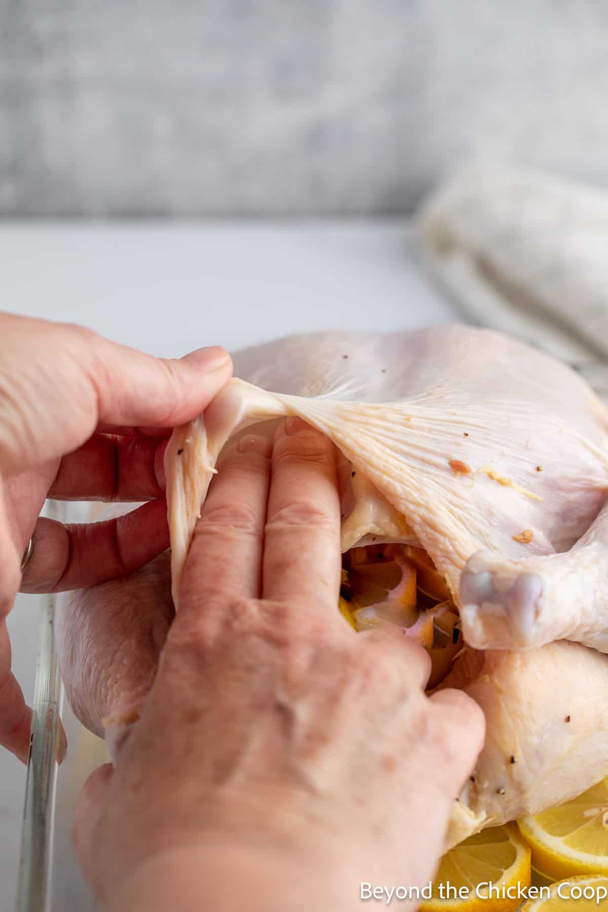 Separating the skin from the meat on a chicken. 