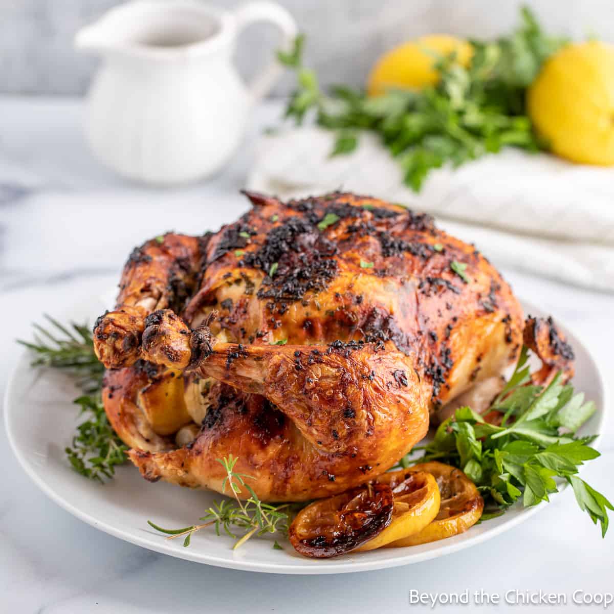 A baked chicken with lemons and herbs. 