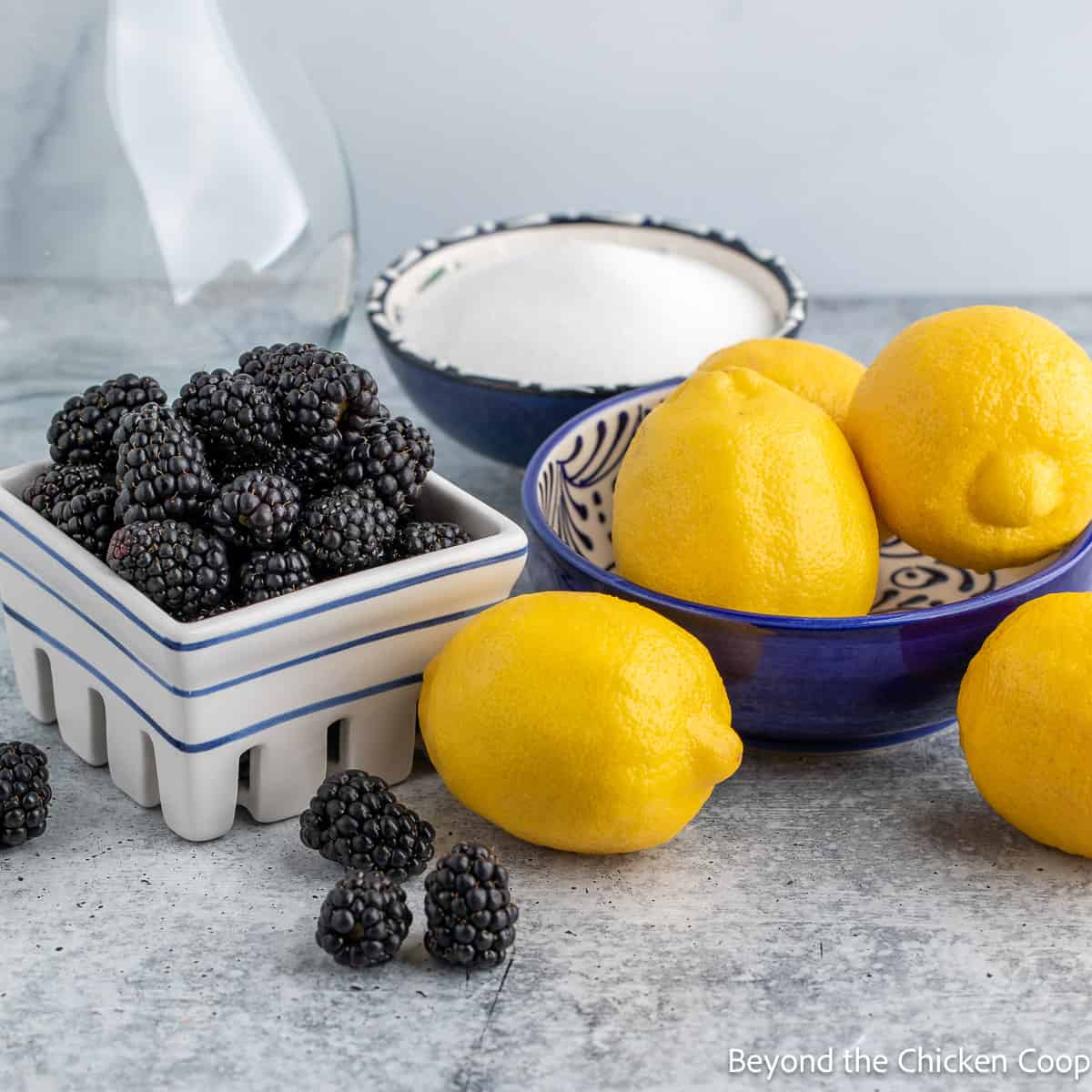 Fresh lemons and a basket full of blackberries. 