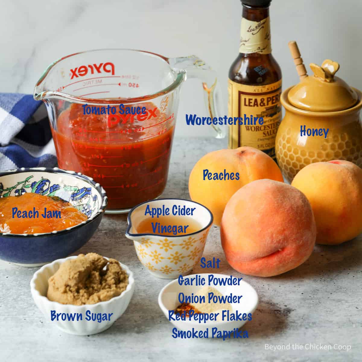 Ingredients for making a fruity barbecue sauce with peaches. 