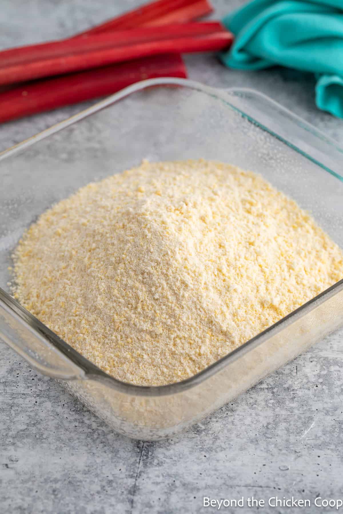 Dry flour mixture in a baking dish. 