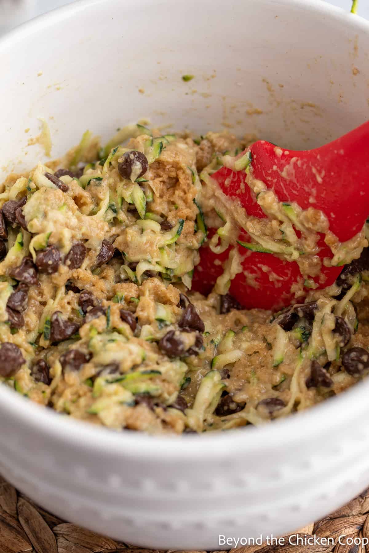 Mixed zucchini batter with chocolate chips. 