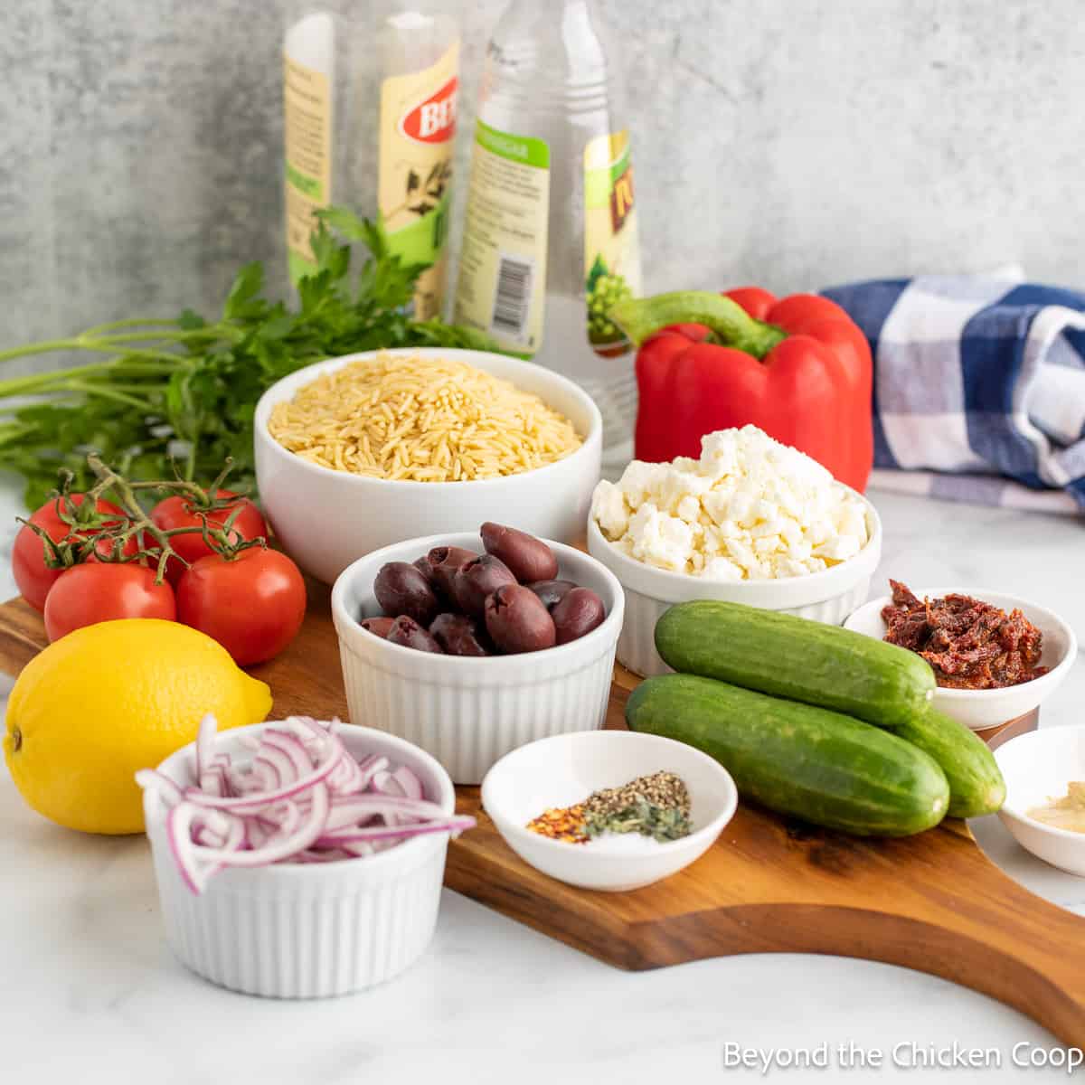 Ingredients for making a pasta salad. 