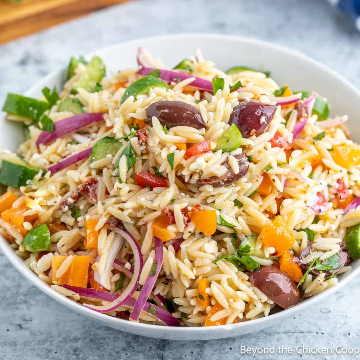 An orzo pasta salad with onions, olives and peppers.
