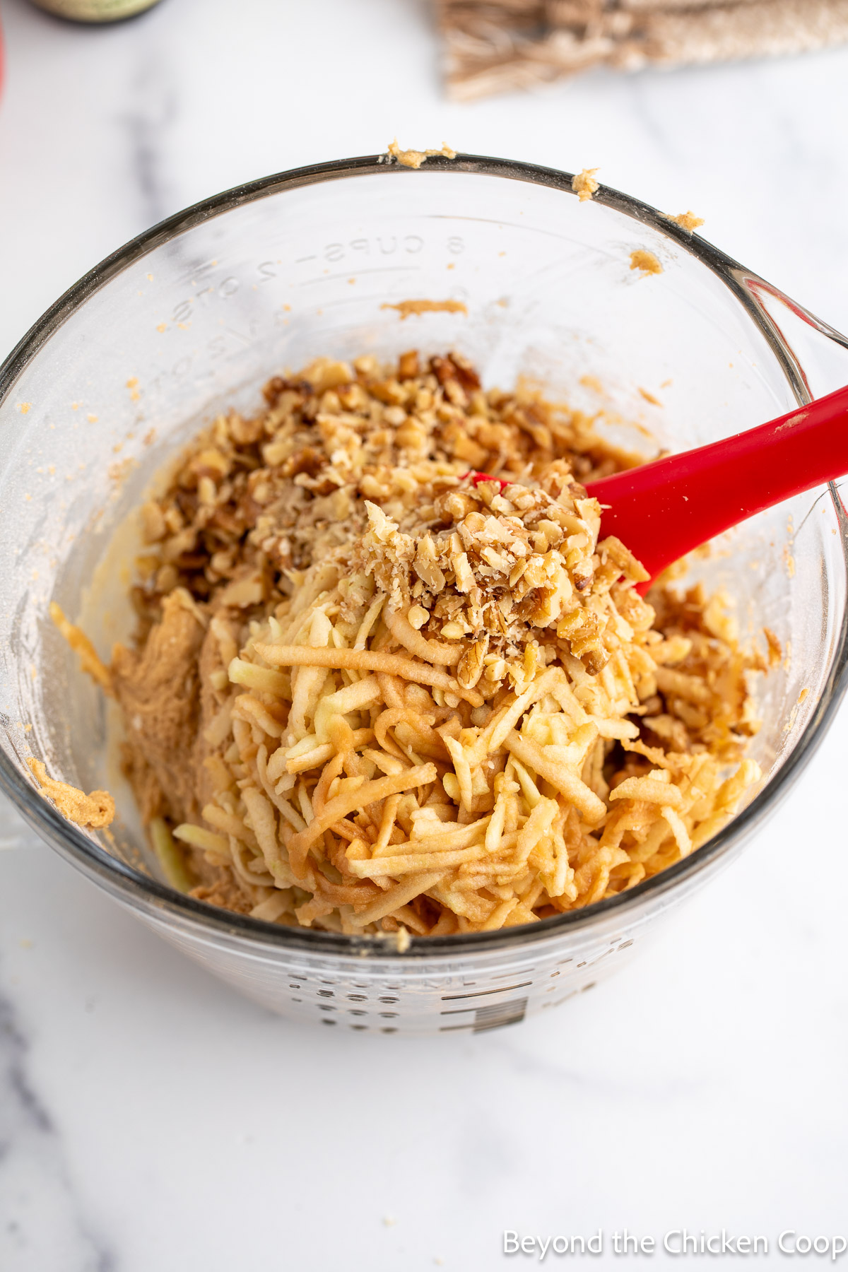 Grated apples and walnuts in batter. 