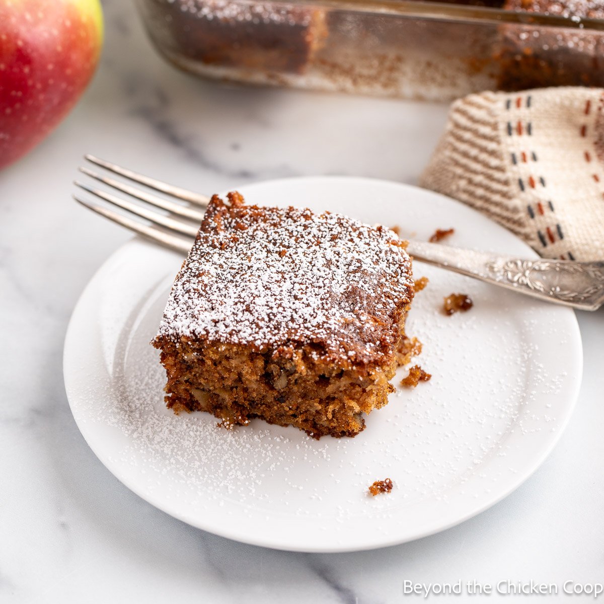 A slice of cake topped with powdered sugar.