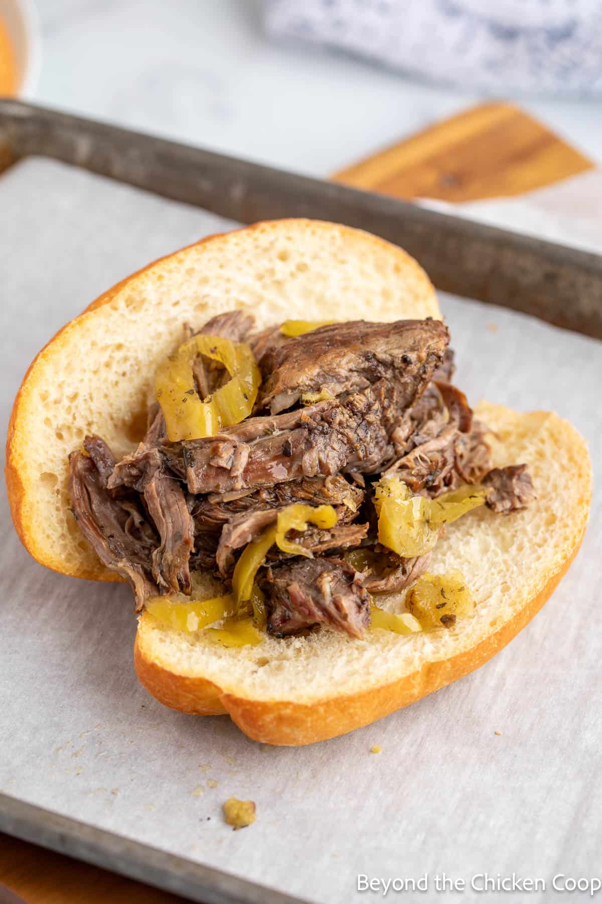 Shredded beef on a crusty roll. 