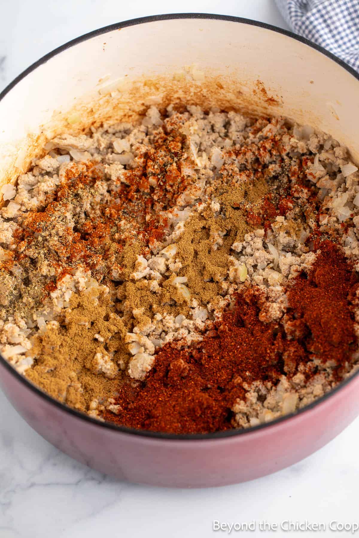 Seasonings sprinkled over ground turkey.