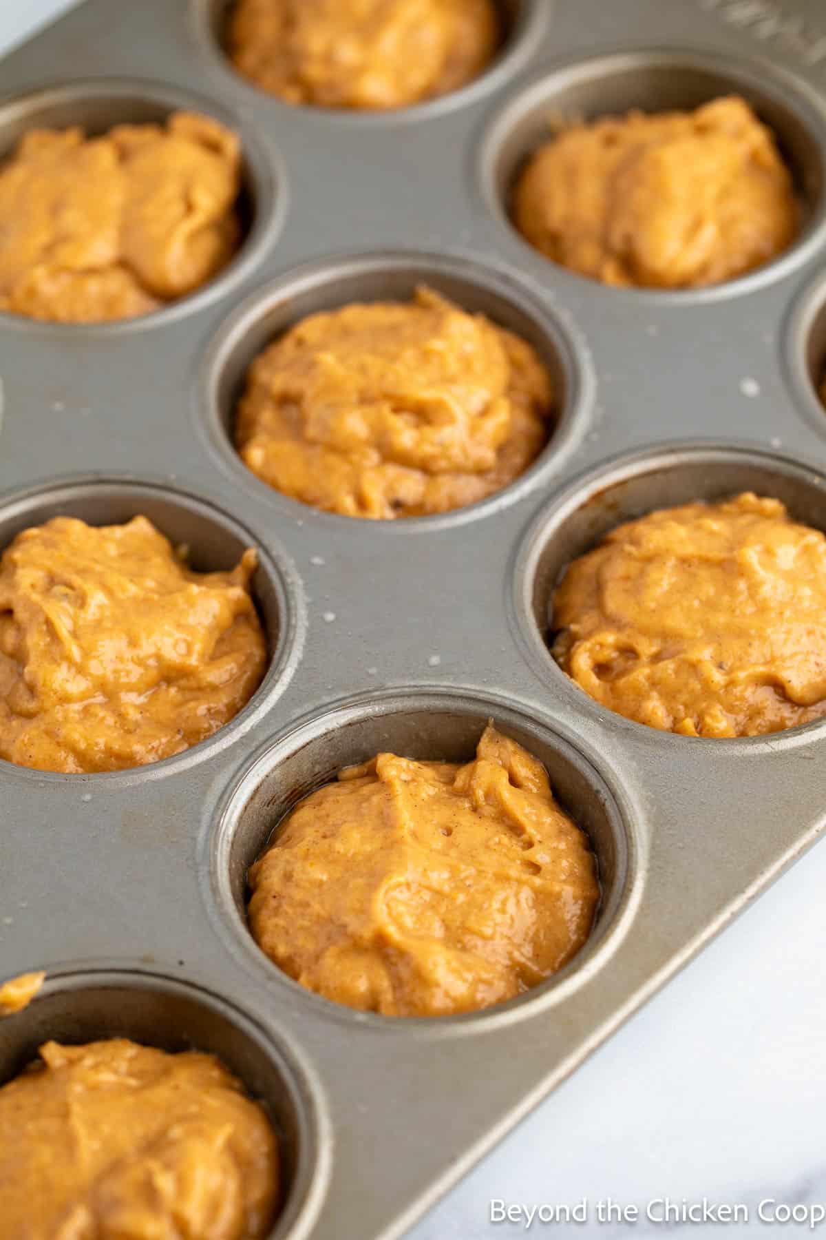 Muffin batter in a muffin tin. 