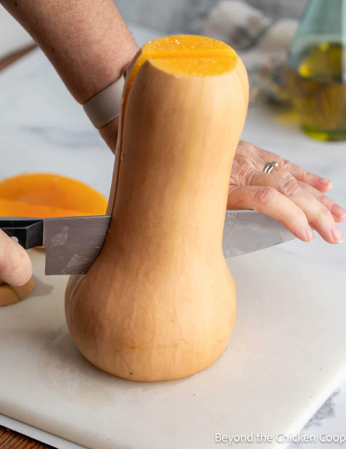 Cutting a butternut squash in half lengthwise. 
