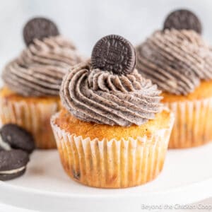 Oreo Buttercream Frosting swirled on cupcakes.