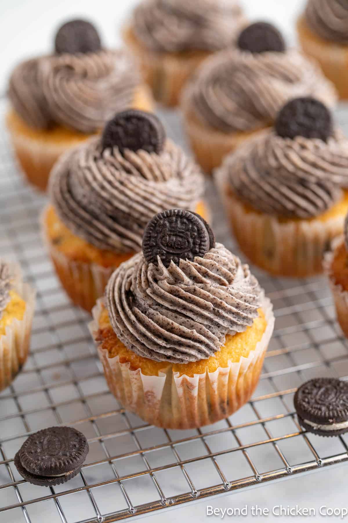 Cupcakes topped with frosting and a mini Oreo cookie on a baking rack. 