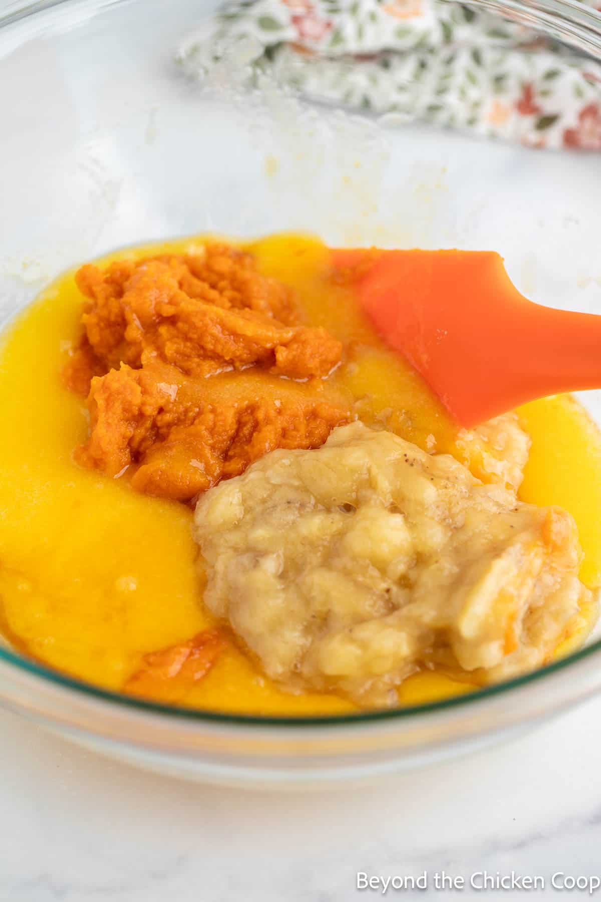 Pumpkin and banana in a large bowl.