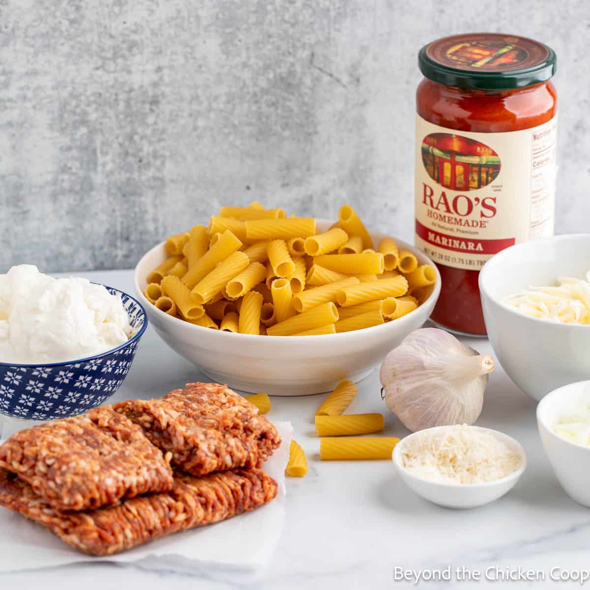 Ingredients for making a baked pasta.