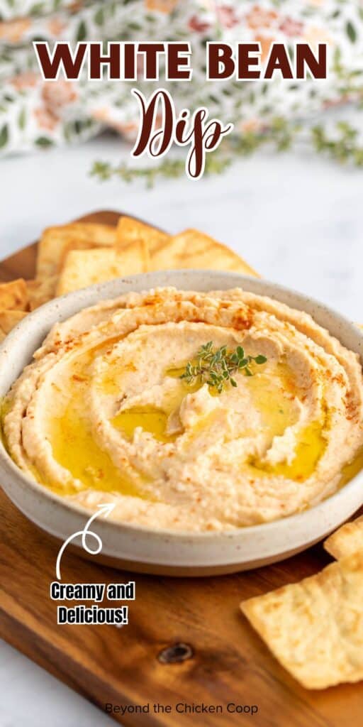 A bowl filled with white bean dip.