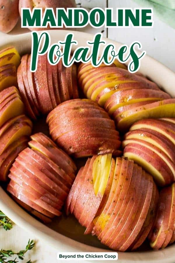 Thinly sliced potatoes arranged in a casserole dish.