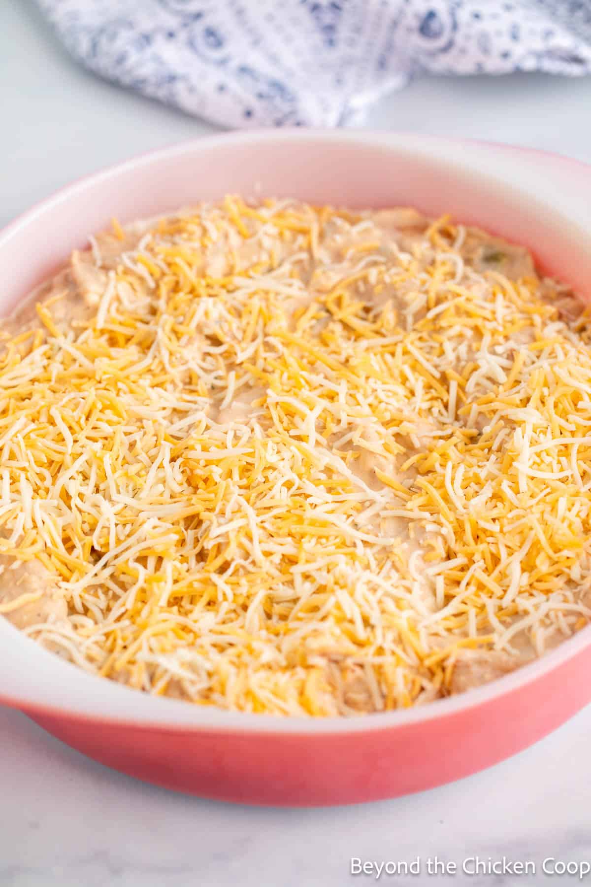 Refried bean dip topped with shredded cheese. 