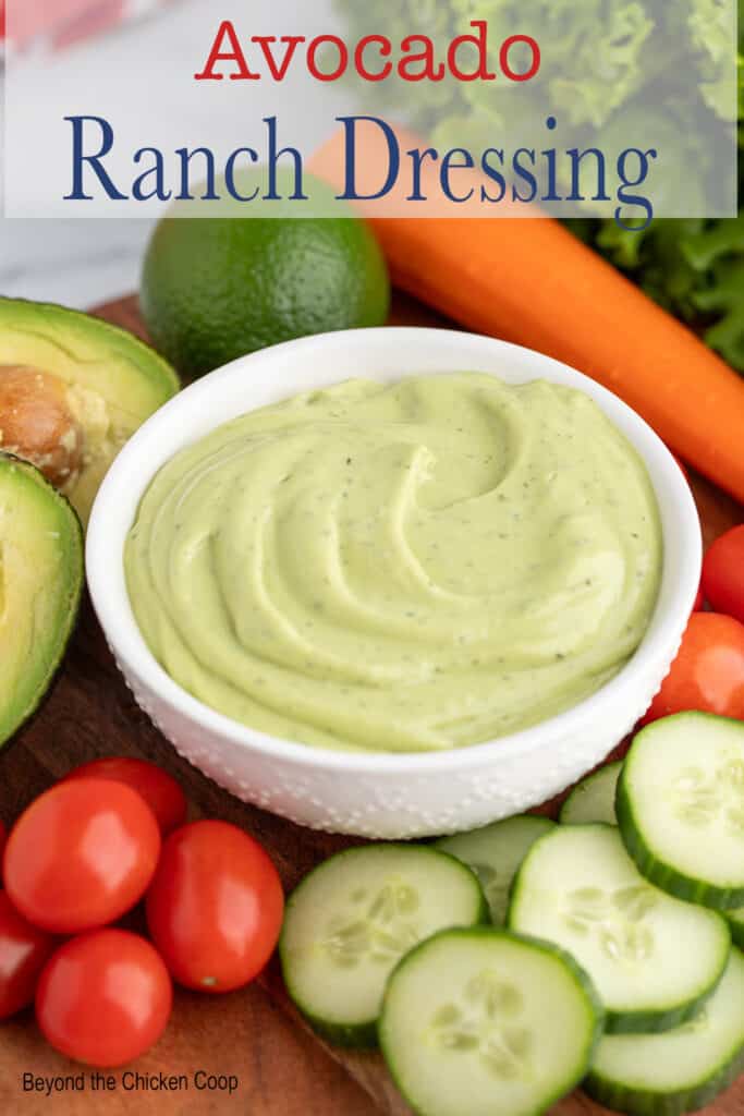 A veggie tray with an avocado dressing in the center.