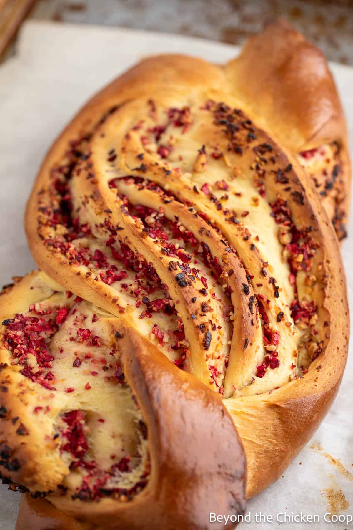 Cranberry babka on a baking sheet. 