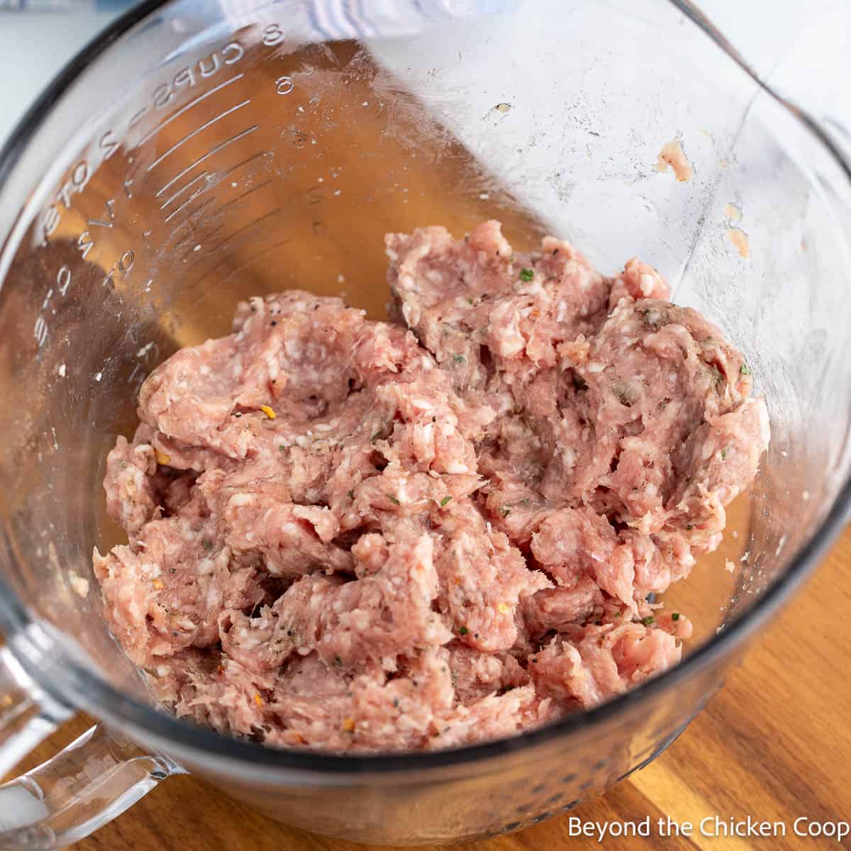 Mixed pork sausage in a bowl. 