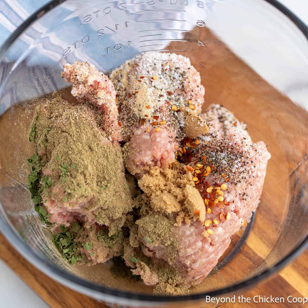Ground pork and seasonings in a large bowl.