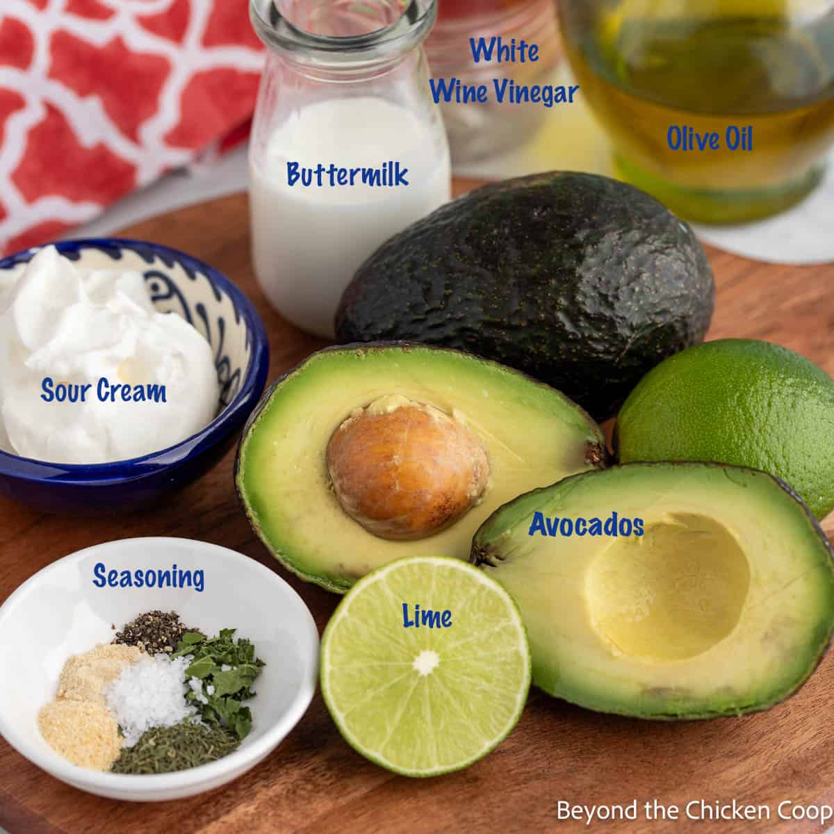 Ingredients for making an avocado salad dressing.