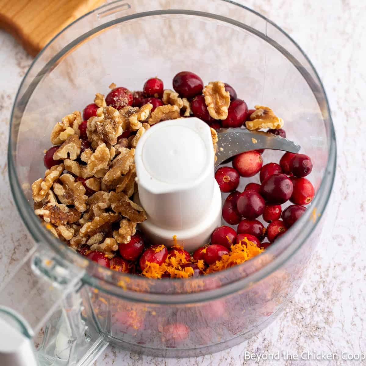 Cranberries and walnuts in a food processor. 
