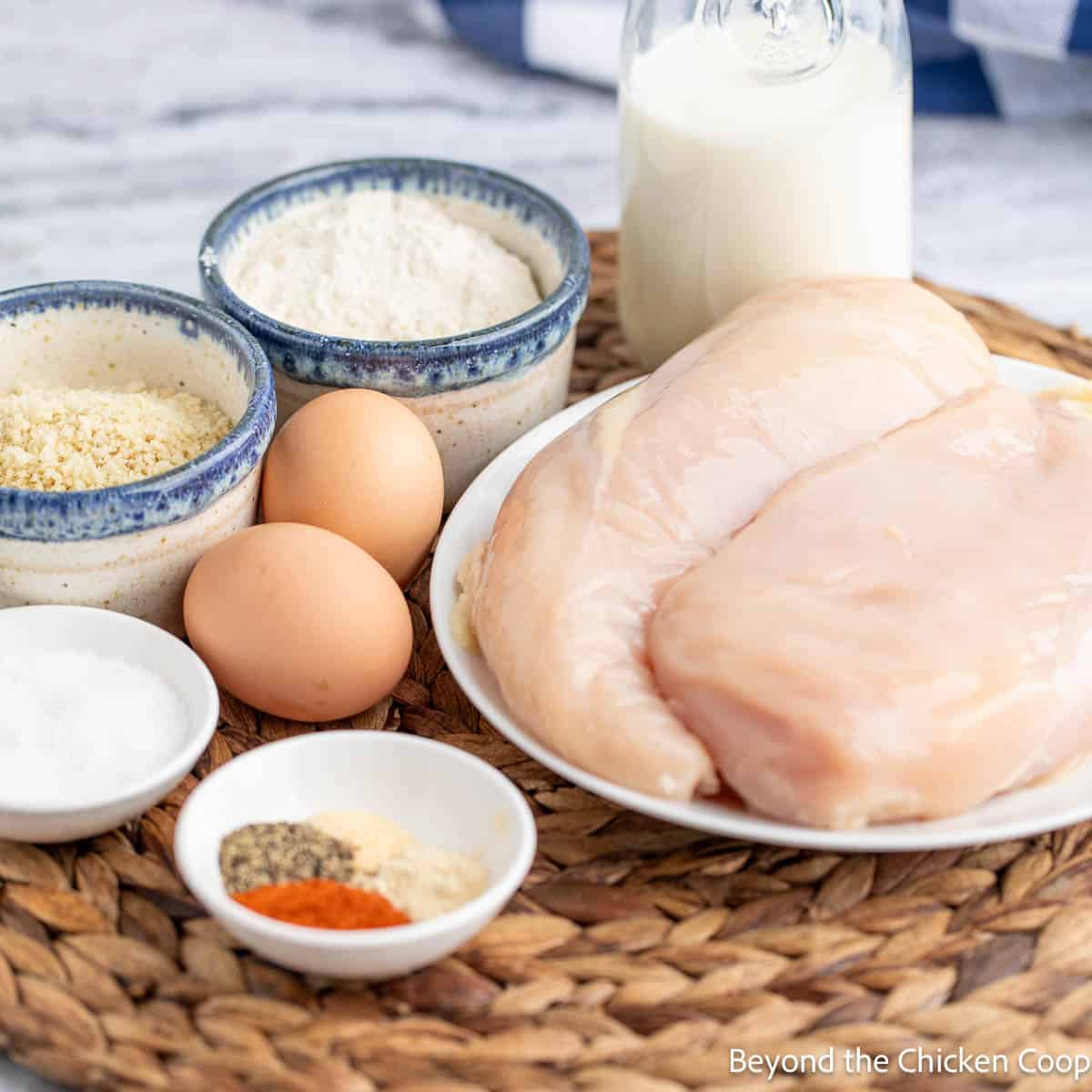 Ingredients for making fried chicken strips. 