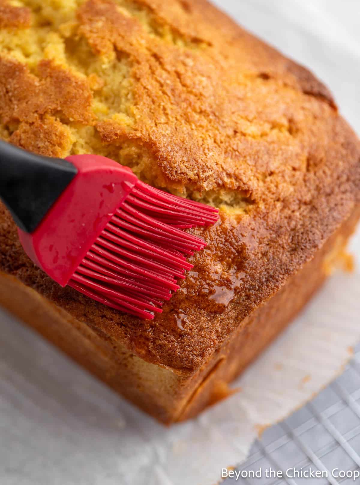 Brushing the sides of a loaf with an orange glaze. 