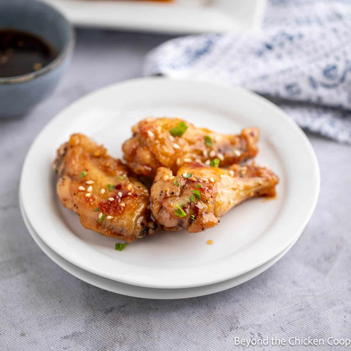 Baked honey wings on a small white plate. 