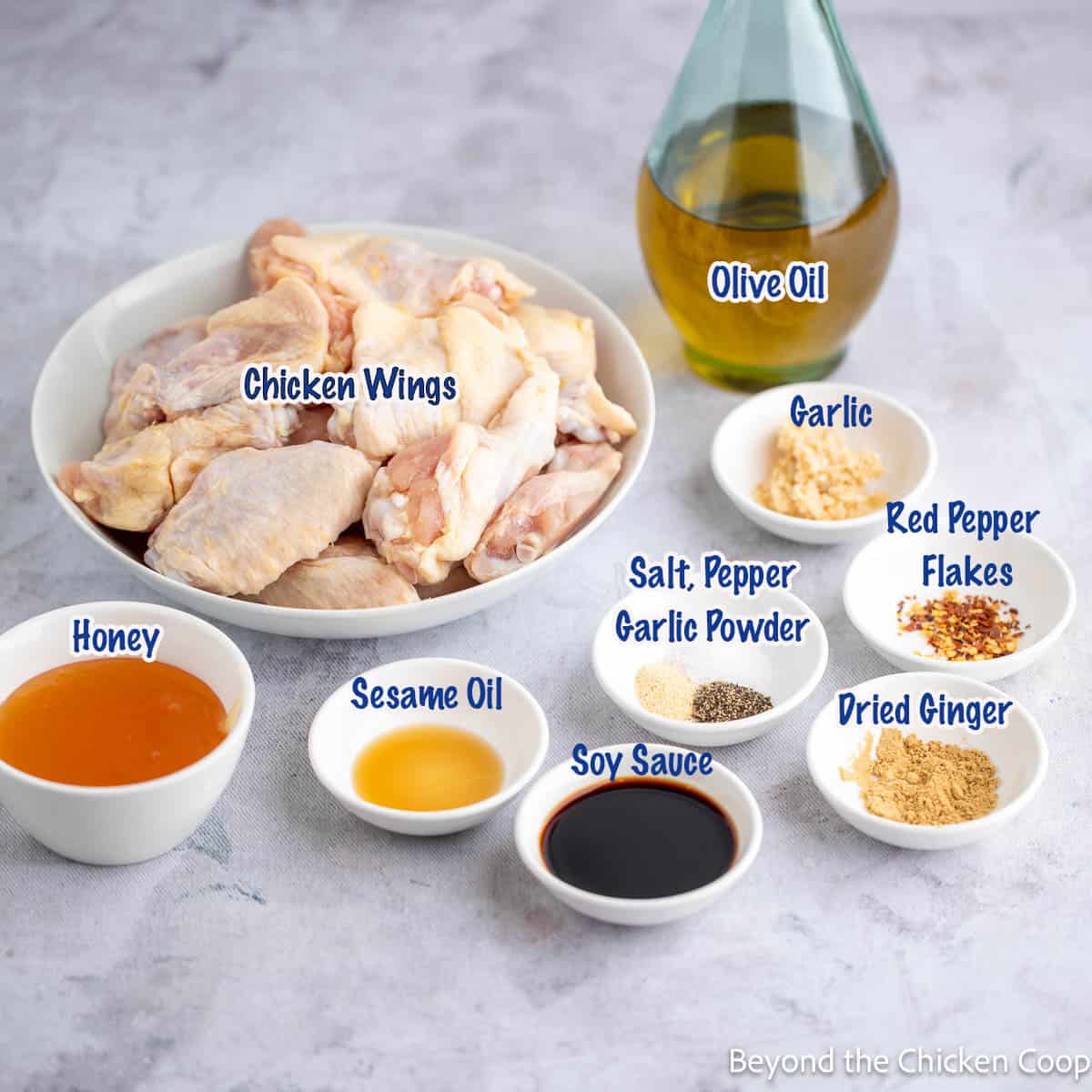 Ingredients for making chicken wings with a honey sauce. 