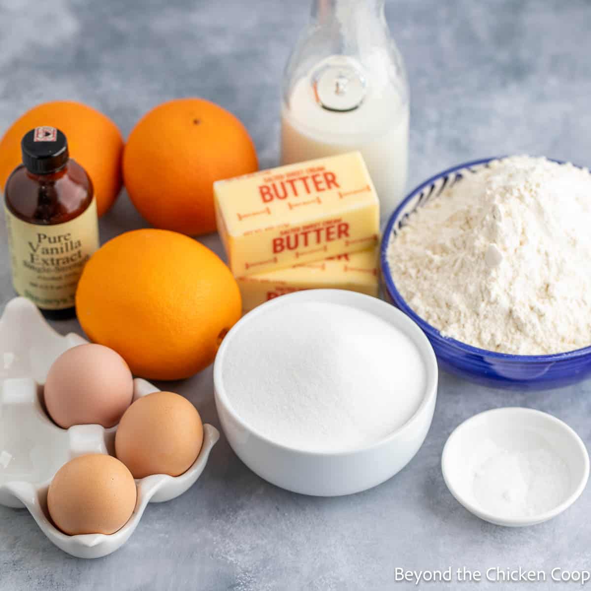 Ingredients for making an orange pound cake. 