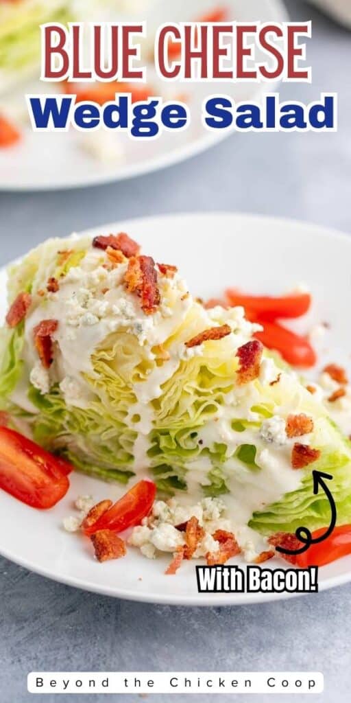 A wedge salad with chopped tomatoes and bacon.