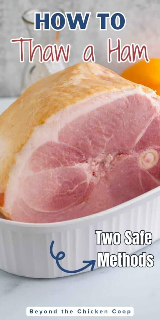 A bone-in ham in a white casserole dish.