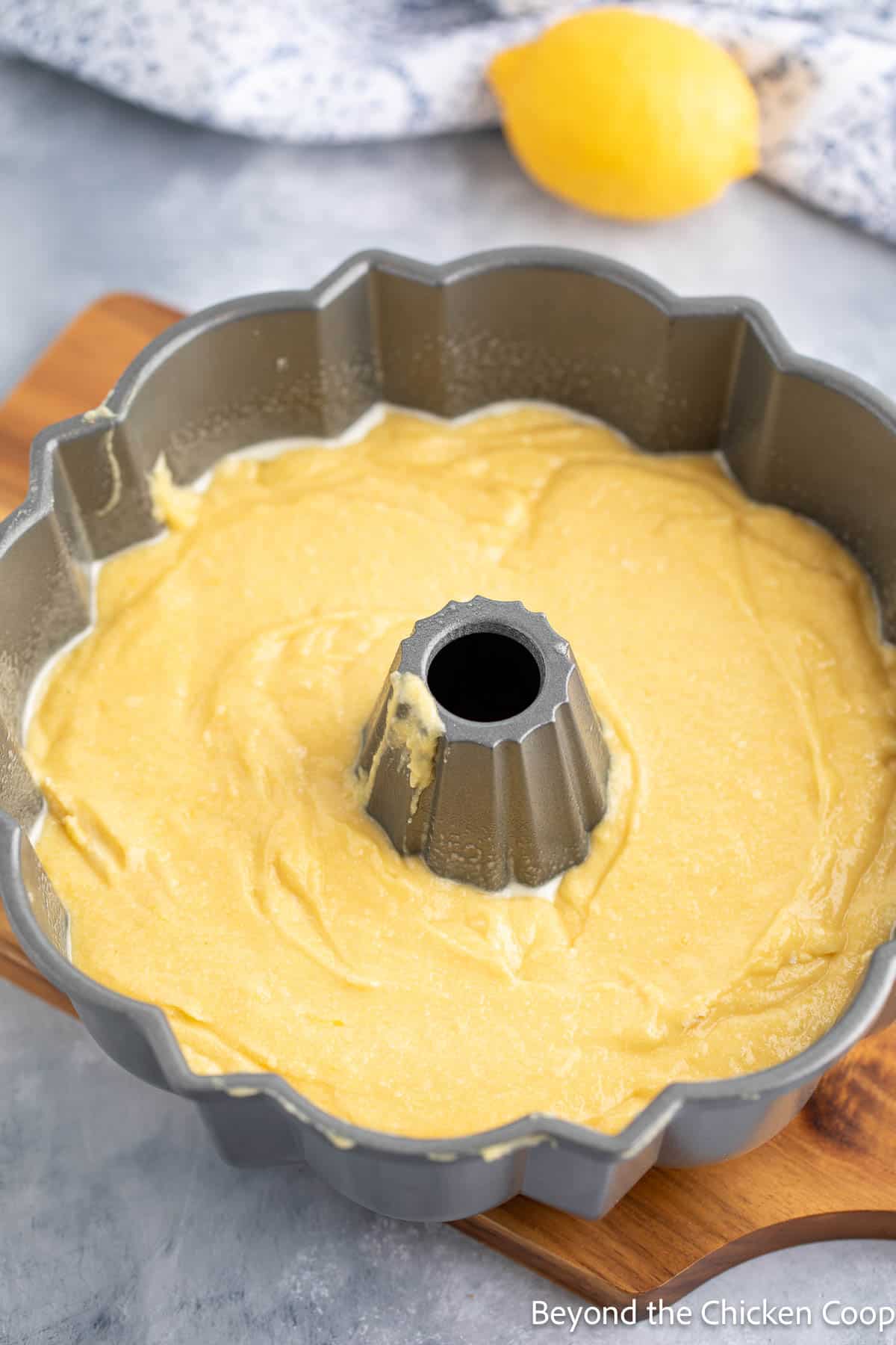 Cake batter in a bundt cake pan. 
