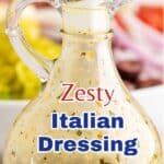 Salad dressing in a small glass bottle with a stopper on top.