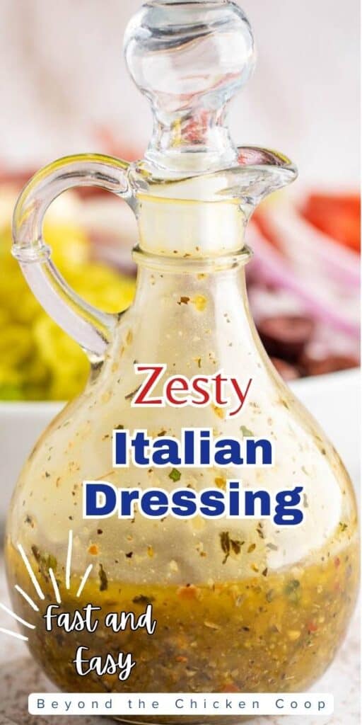 Salad dressing in a small glass bottle with a stopper on top.