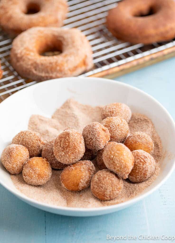 Rolling donut holes in cinnamon sugar. 