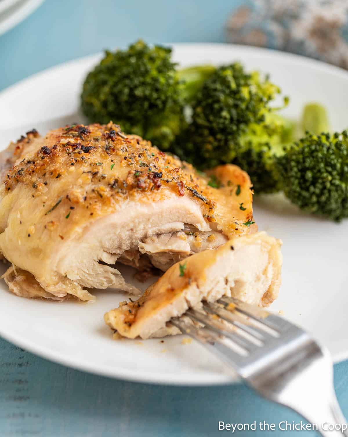 A baked piece of chicken of a plate with broccoli. 
