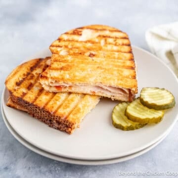 A turkey panini sandwich on a white plate with three pickle slices.