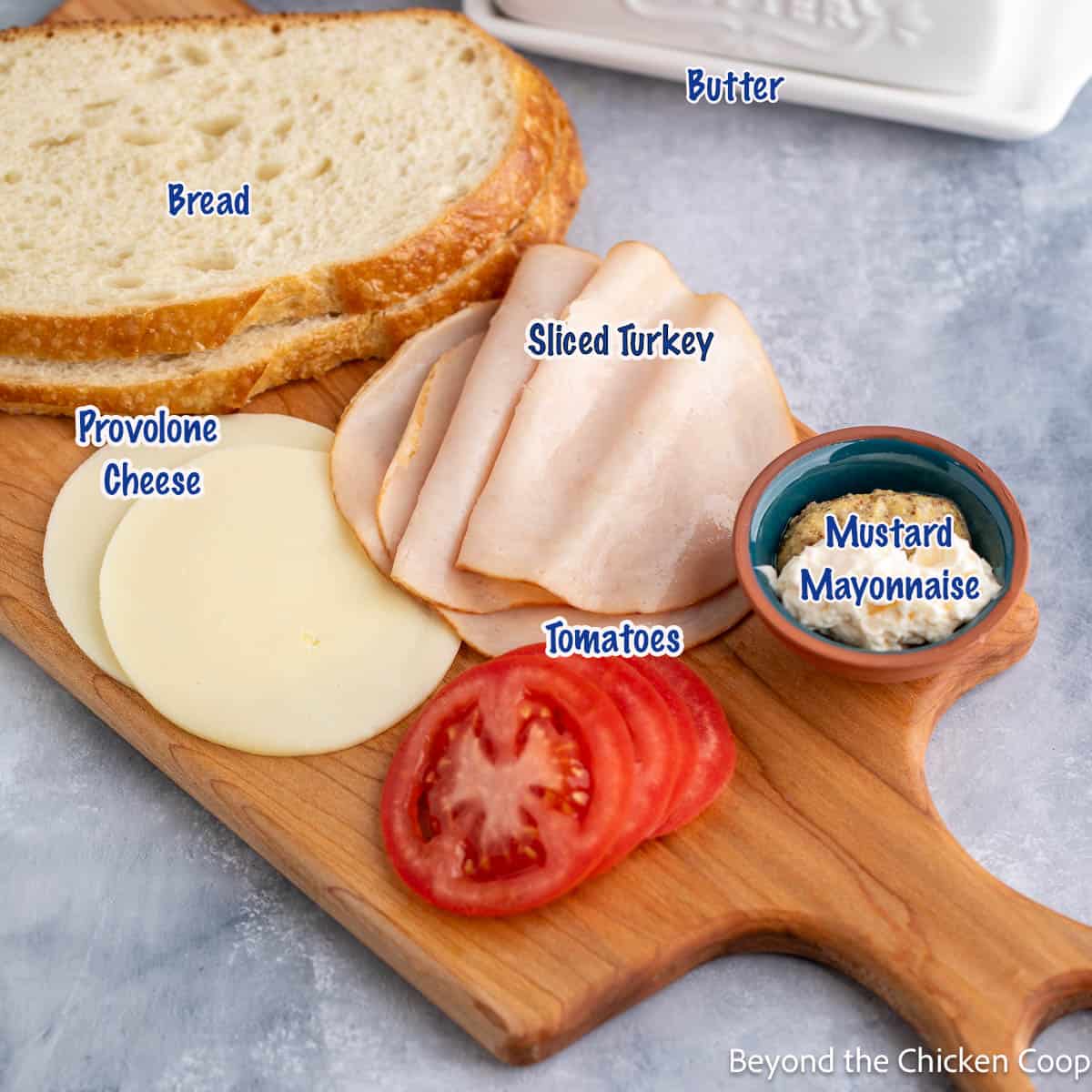 Ingredients for making a grilled turkey sandwich. 