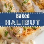 Baked halibut topped with herbs on a baking sheet.