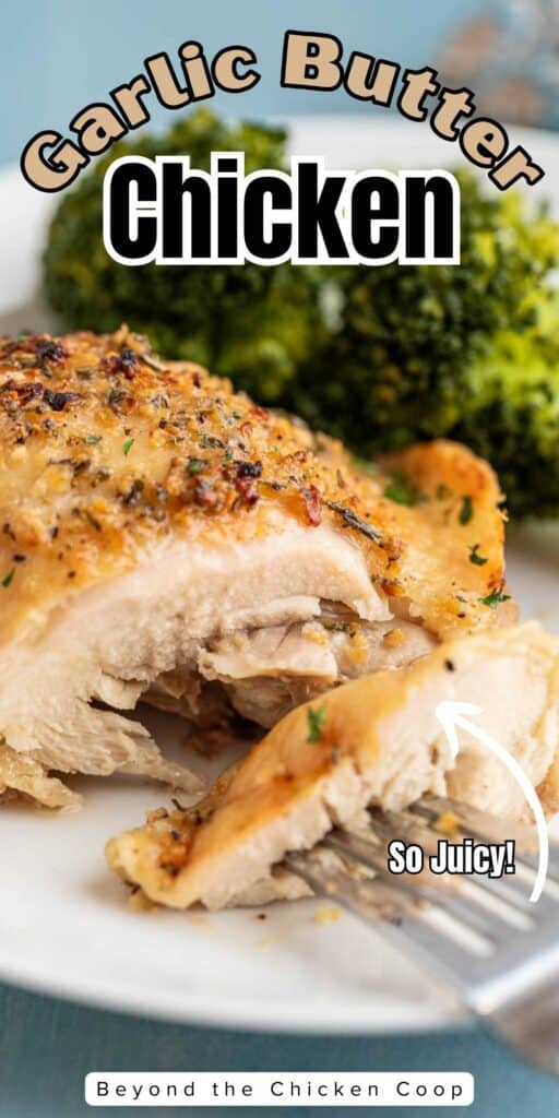 Garlic butter chicken thigh cut on a plate with broccoli.