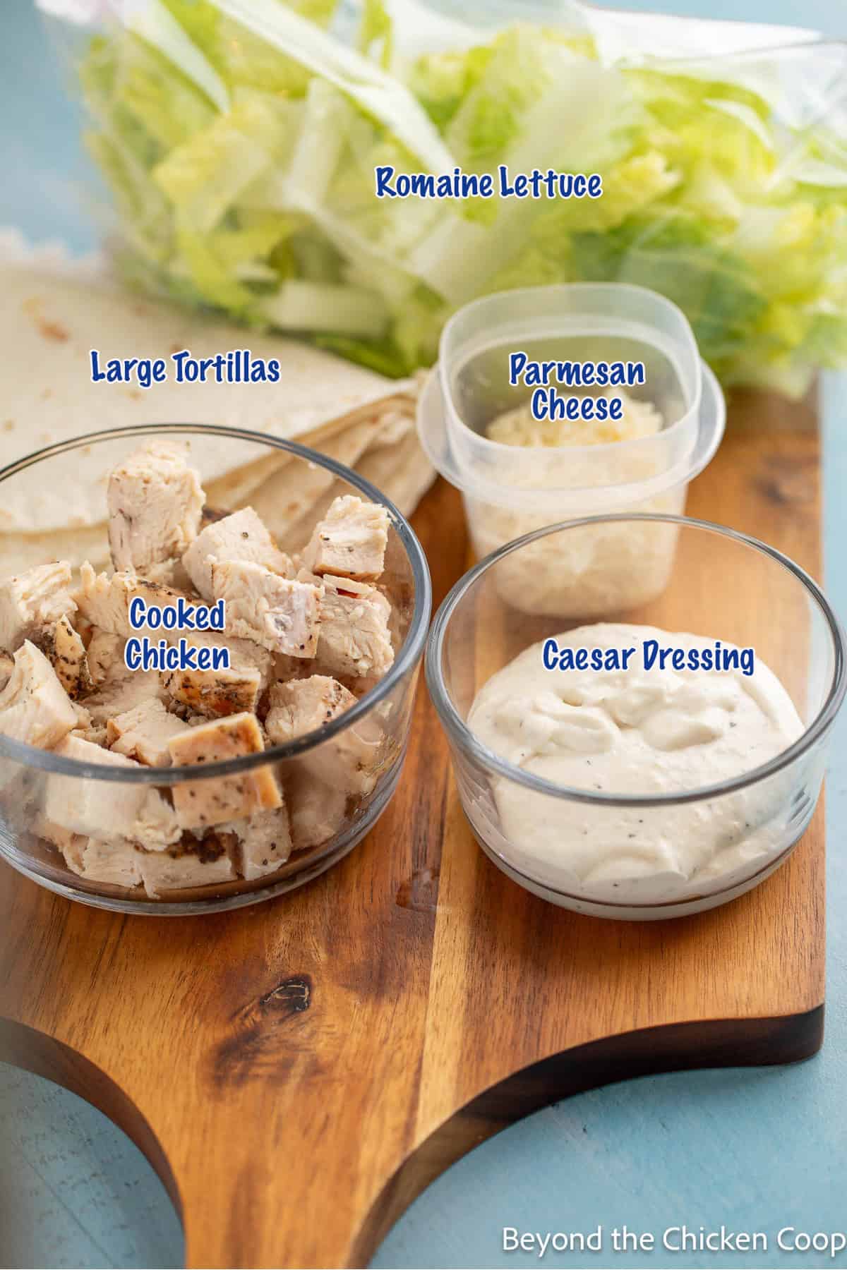 Ingredients for making a Caesar salad wrap. 